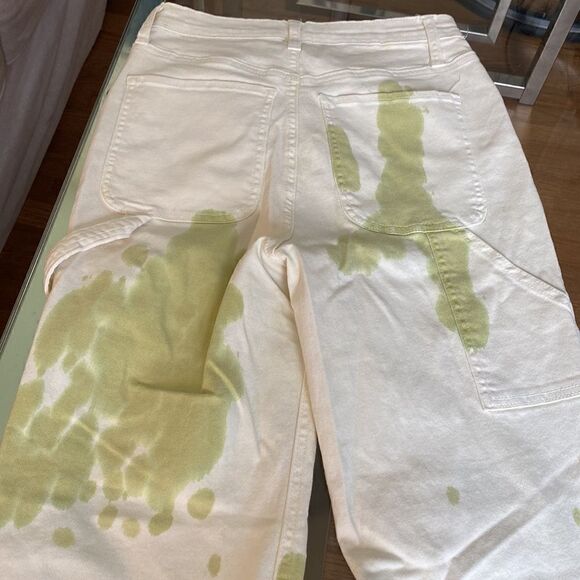 Cream with green tie-dye painter, pants jeans. High waisted, wide leg size 26. - Picture 4 of 14